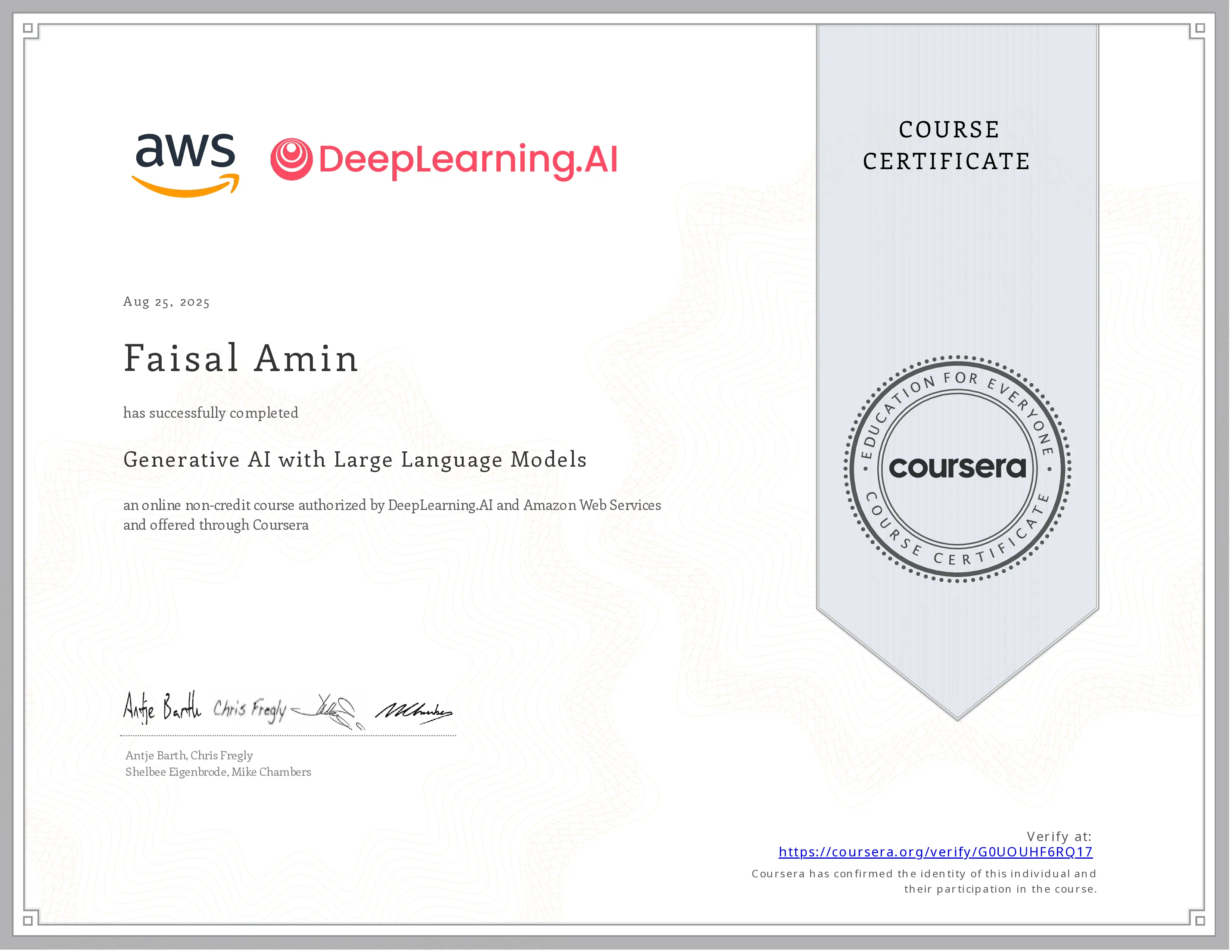 Generative AI with LLM Certificate