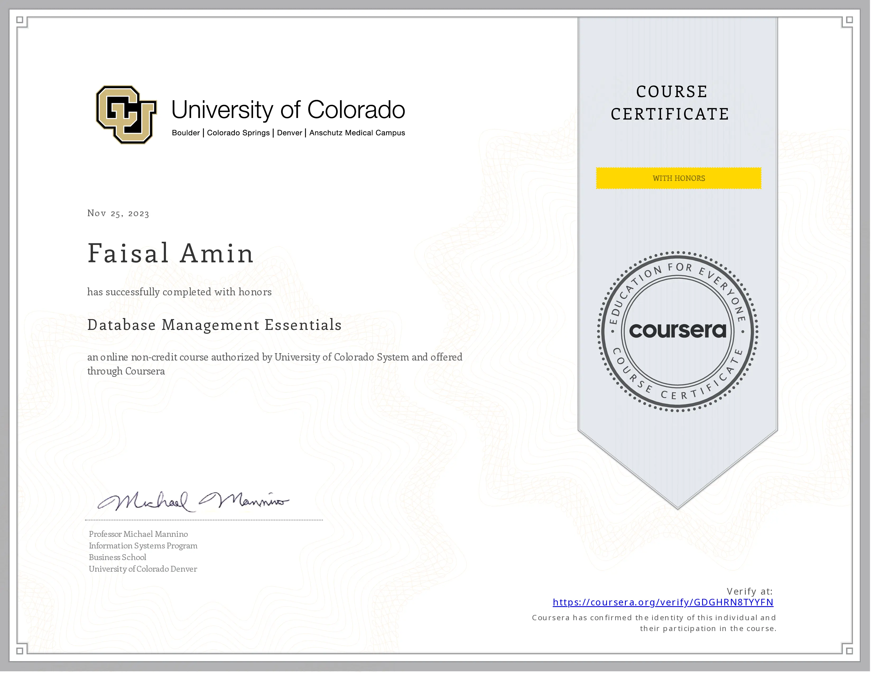 Database Management Essentials Certificate